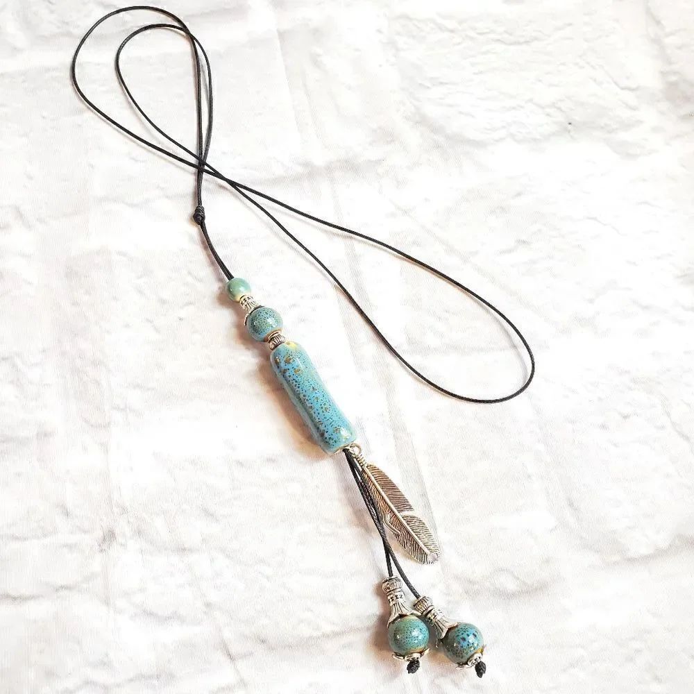 💜PORCELAIN BEADED Necklace Feather Charm